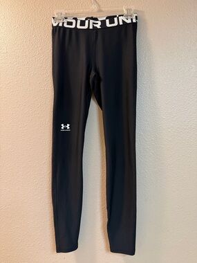 Under Armour Kids Black Athletic Compression Leggings with White Logo Waistband